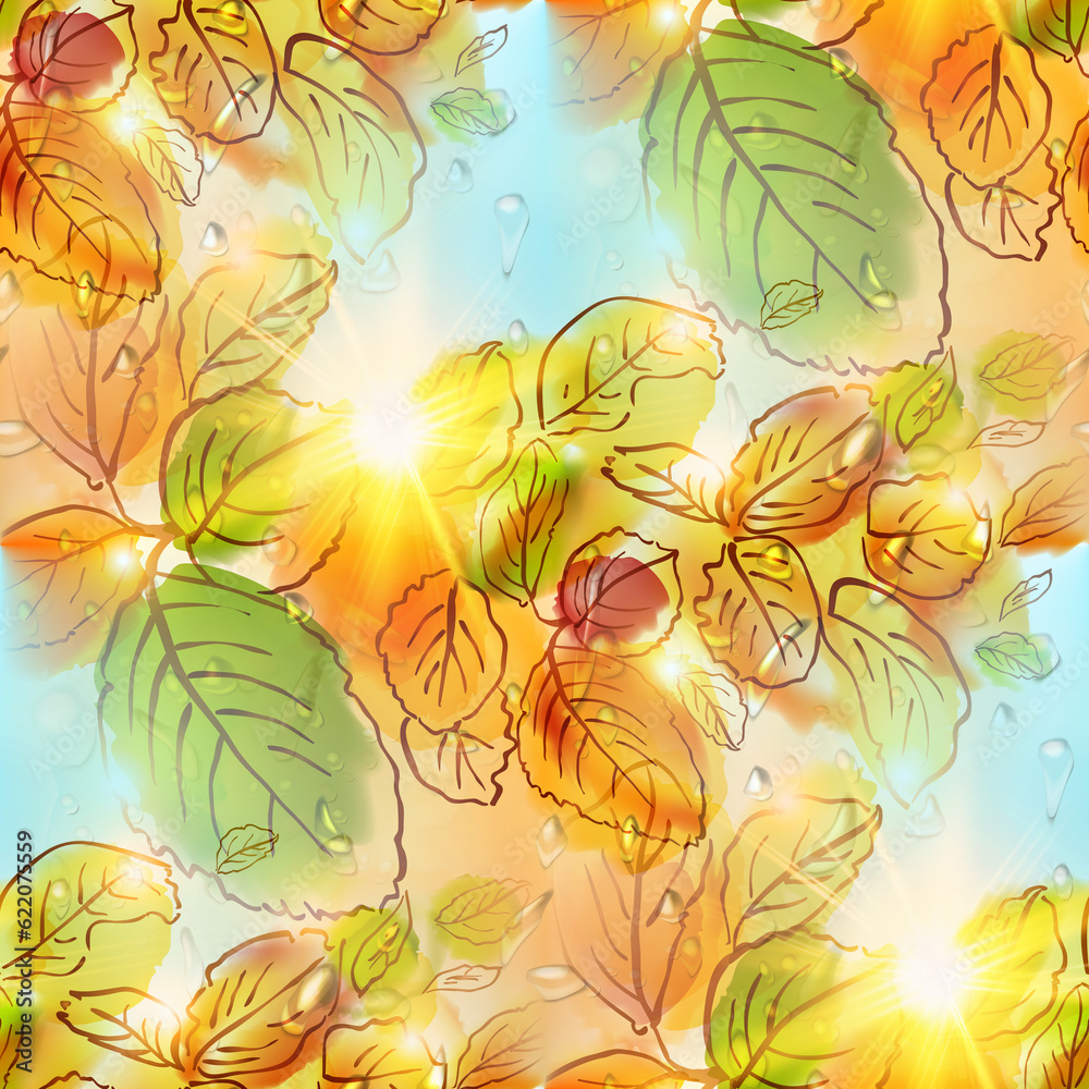 Abstract seamless pattern with autumn leaves. Hand-drawn illustration.