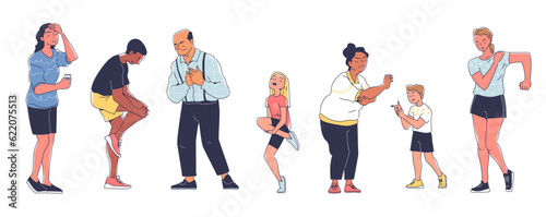 People feel pain set. Tired characters get sick and suffer from headaches and heartaches, joint and muscle injuries, wounds and scratches. Cartoon flat vector collection isolated on white background
