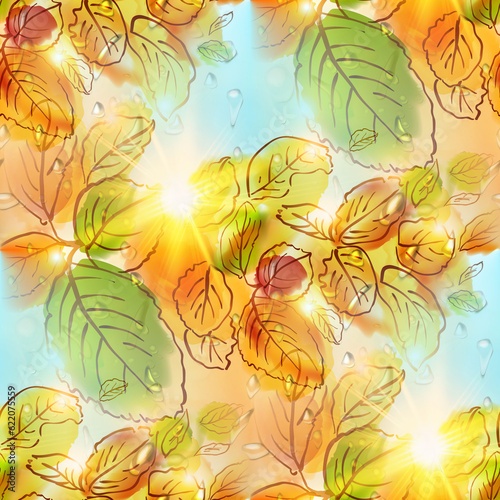 Abstract seamless pattern with autumn leaves. Hand-drawn illustration.