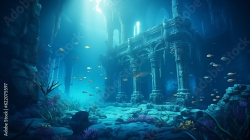 atlantis underwater scene, magic blue ocean with ancient temple ruins, deep blue sea with mysterious lights, generative ai © CROCOTHERY