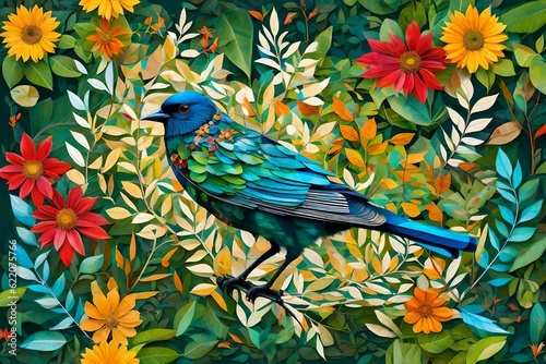 Image of a bird on a branch made up of a collage of colored papers. (AI-generated fictional illustration)  © freelanceartist