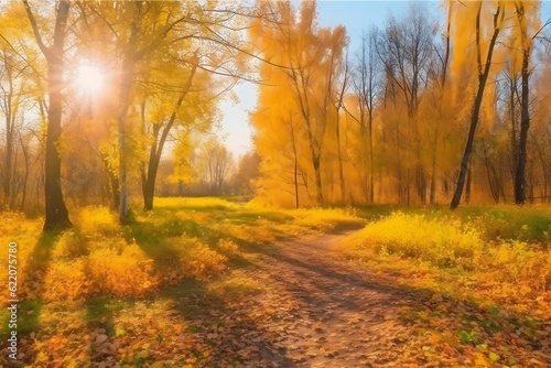 Golden color autumn forest landscape with red  orange foliage in the fall park.