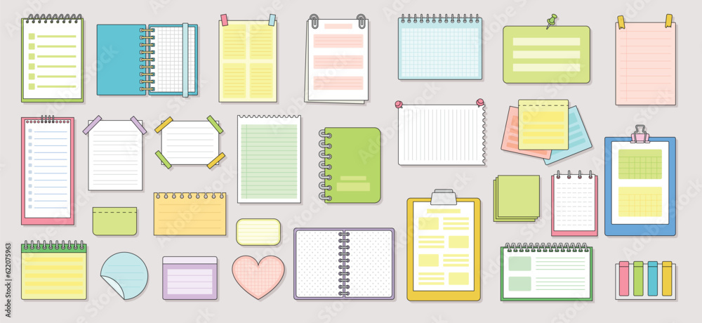 Notepads and notes set. Various colorful charter sheets and planners, notepads and ring pad, bookmarks and pages. Types of paper for write. Cartoon flat vector collection isolated on white background Notepads and notes set. Various colorful charter sheets and planners, notepads and ring pad, bookmarks and pages. Types of paper for write. Cartoon flat vector collection isolated on white background