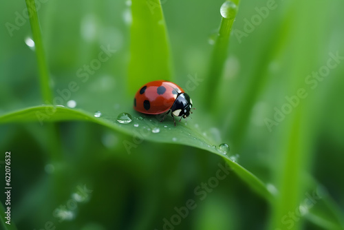 Closeup of ladybug on grass, Generative AI