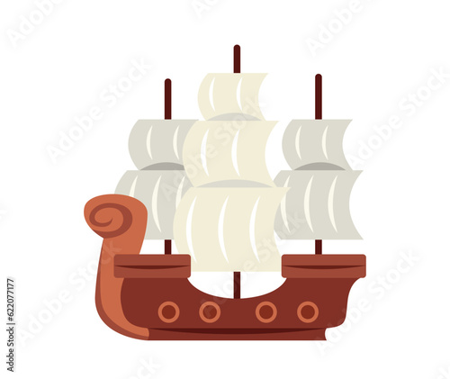 Sea pirate concept. Wooden ship or ship sails with mast and white sails. Colorful decorative icon for websites and applications. Cartoon flat vector illustration isolated on white background