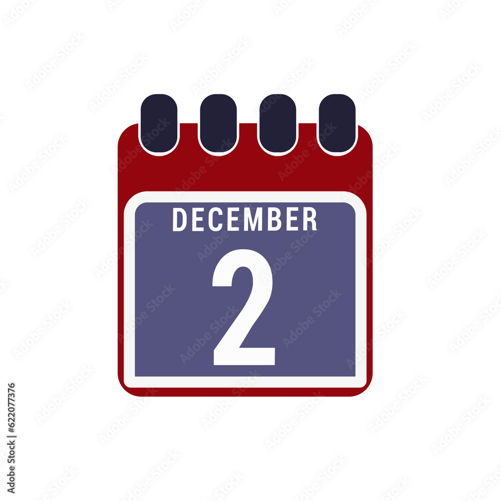 Calendar displaying day 2, second, two, 2nd, of the December - Day 2 of the month. illustration Calendar displaying day 2, second, two, 2nd, of the December - Day 2 of the month. illustration