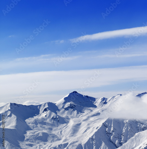 High mountains in winter. Caucasus Mountains, Georgia, region Gudauri. View from ski slope.