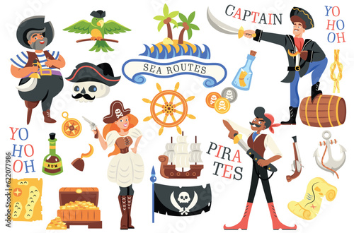 Sea pirate concept. Set of icons and characters with treasure map and gold, captain and buccaneer, revolver and sabers. Colorful elements for websites. Cartoon flat vector isolated on white background