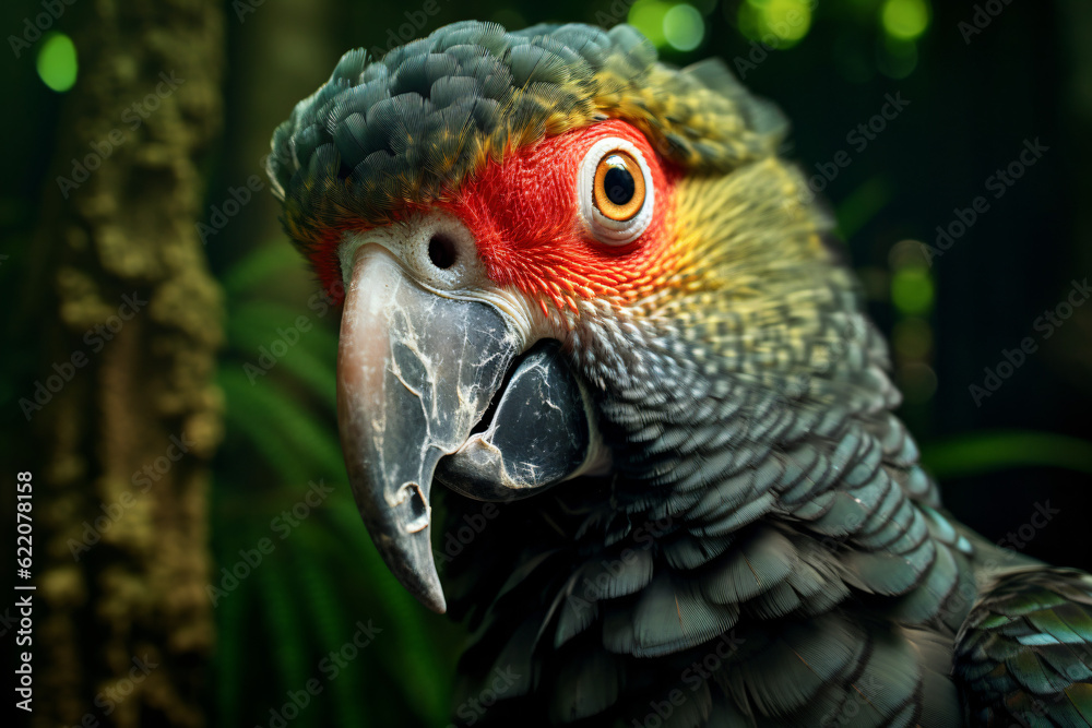photo of a parrot's face against a green forest background