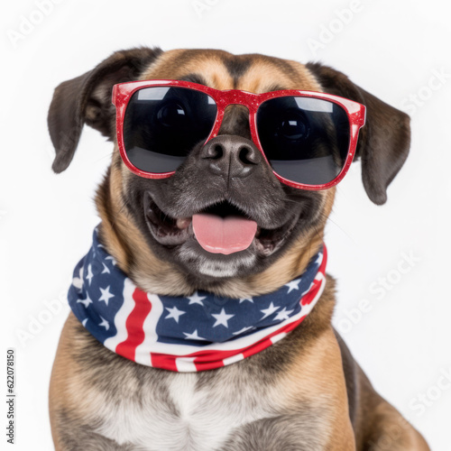 cheerful patriotic dog wearing sunglasses and bandanna with american flag pattern on a white background. Generative AI © Margo_Alexa
