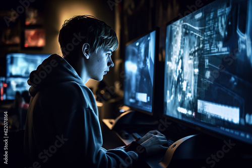 Teenage boy play video game - addiction concept- generative AI