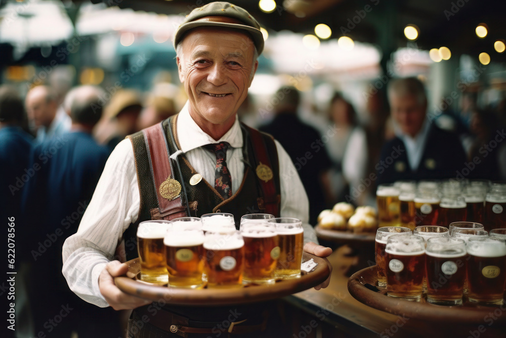 Fototapeta premium Oktoberfest Senior man holding beer, Generative AI