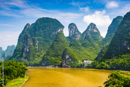 Karst Mountain landscape on the Li River in rural Guilin, Guangxi, China. photo