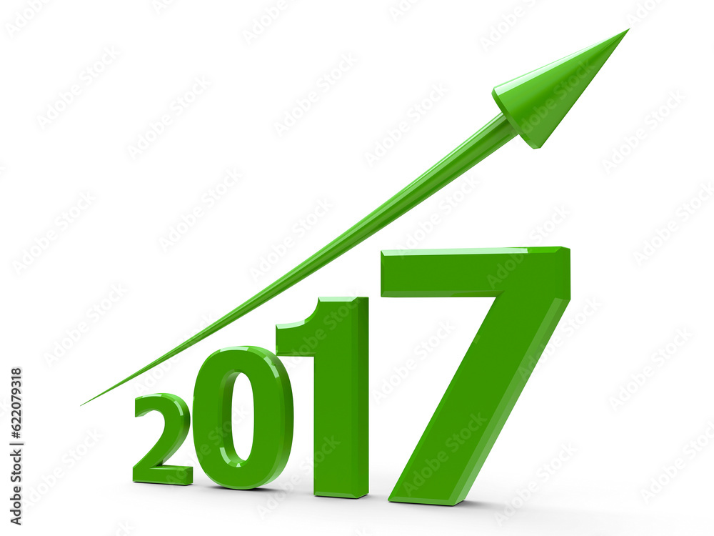 Green arrow up represents the growth in 2017 year, three-dimensional rendering, 3D illustration Green arrow up represents the growth in 2017 year, three-dimensional rendering, 3D illustration