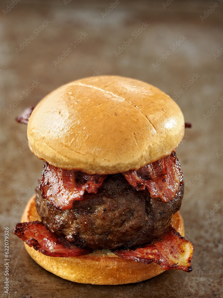 close up of rustic carnivore meat lover hamburger