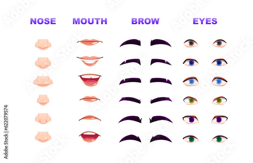 Male face constructor. Set with facial emotions, different eyes and eyebrows, nose and mouth for character creation and animation. Cartoon flat vector collection isolated on white background