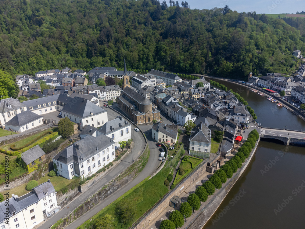 Aerial view on medieval town Bouillon with fortified castle, Luxembourg province of Wallonie, Belgium
