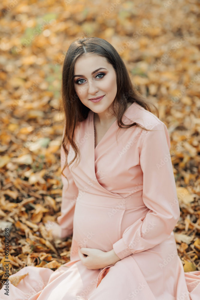 portrait of a young pregnant woman sitting on a yellowed autumn leaf portrait of a young pregnant woman sitting on a yellowed autumn leaf