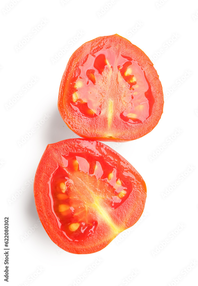 Halves of fresh cherry tomato on white background Halves of fresh cherry tomato on white background
