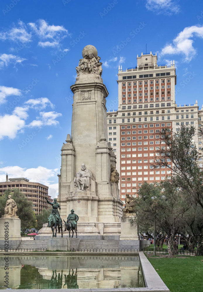 monument to Miguel de Cervantes Saavedra on Plaza de Espana (Spain Square in English), Madrid, Spain