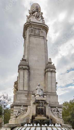 Isabella of Portugal sculpture with Fountain on Cervantes Monument, Madrid, Spain