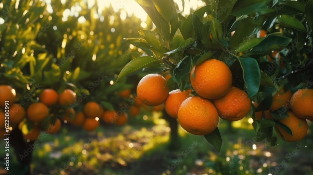 orange grove with many oranges growing on trees in the sunshine, new harvest. Generative AI