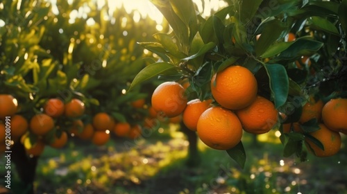 orange grove with many oranges growing on trees in the sunshine, new harvest. Generative AI