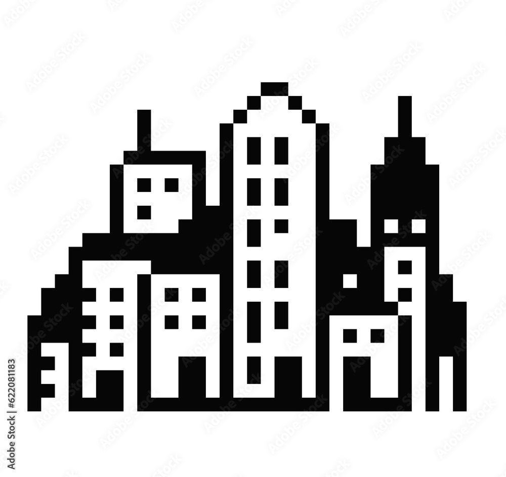 Cute pixel city skyline. Skyscraper and houses. Retro panorama city building background. Transparent and isolated illustration.