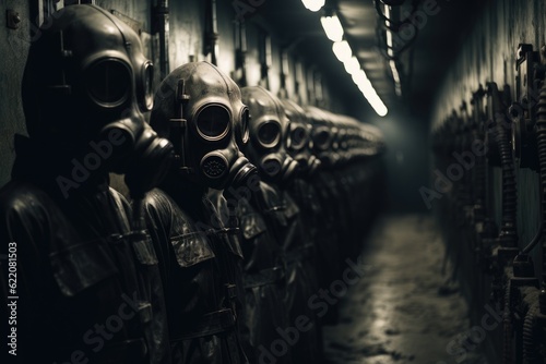 The somber reality of a nuclear fallout shelter. Rows of gas masks hang from the ceiling, creating an unsettling pattern. Generative AI