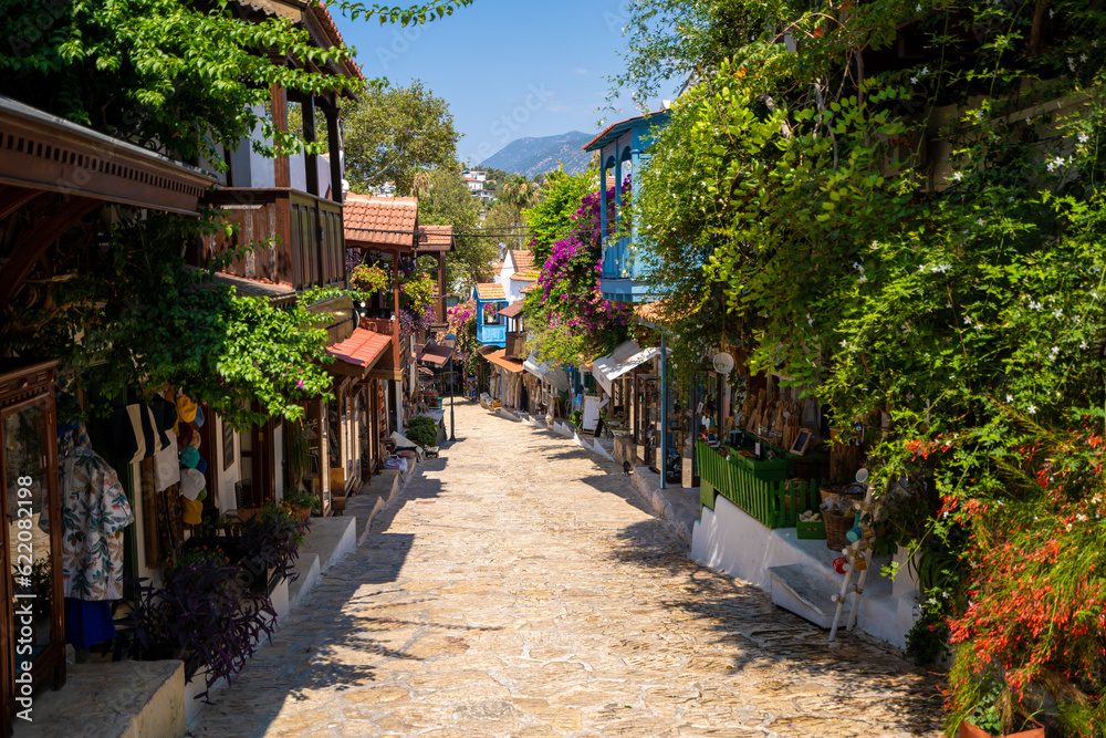 Fototapeta premium Narrow cobbled street in the Old Town of Kas, Antalya.