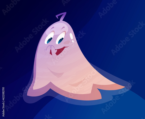 Cute friendly ghost. Halloween funny cunning character giggles cover mouth with hands. Colorful flying spooky monster sticker for websites. Cartoon flat vector illustration isolated on blue background