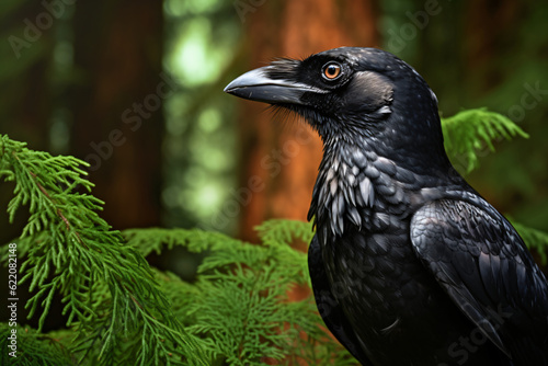 photo of a crows face against a green forest background