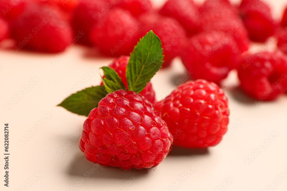 Fresh raspberries and mint on pink background Fresh raspberries and mint on pink background