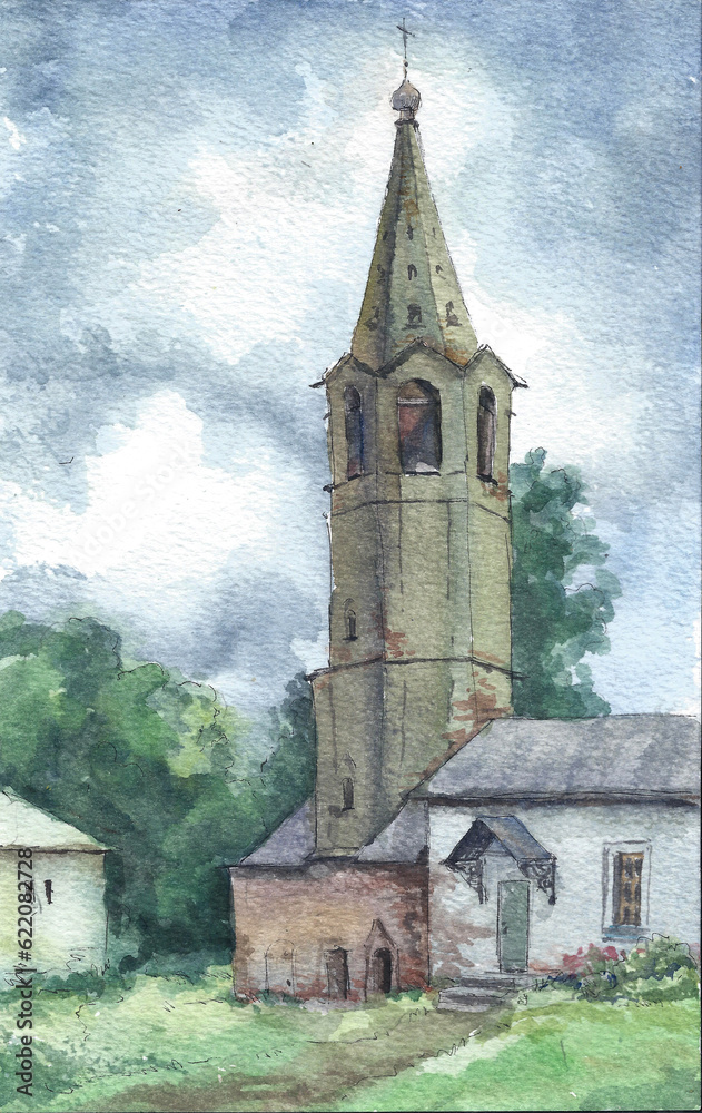 Old bell tower in summer, Russia, watercolor