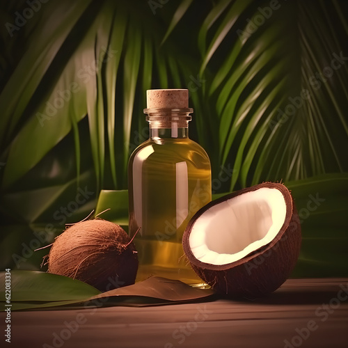 Palm Tree Backdrop, Glass Bottle with Cork, Coconuts and Palm Leaves in Foreground, One Coconut Half Cut, Product Advertising, Professional Stock Photo