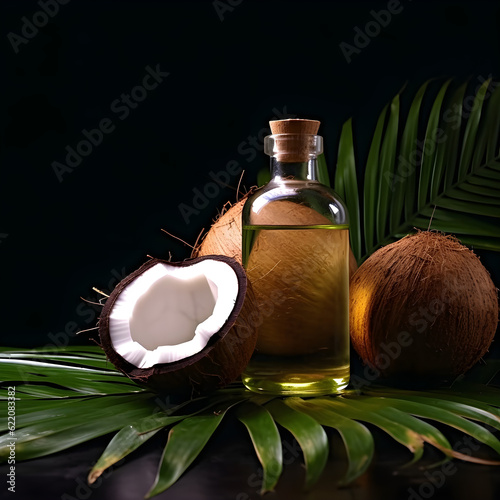 Glass Bottle with Cork on Black Background, Surrounded by Fresh Coconuts, Palm Leaves, Tropical, Exotic Beverage Concept