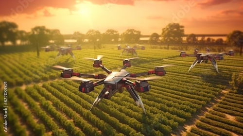Drone sprayer flies over the field. Smart farming and precision farming.Generative AI