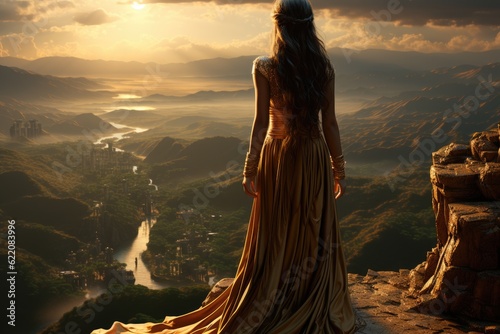 A brave elfin warrior woman standing at the edge of a cliff. Generative AI