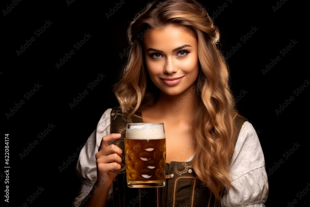 Portrait of an Oktoberfest waitress with a glass of beer wearing a traditional costume Portrait of an Oktoberfest waitress with a glass of beer wearing a traditional costume