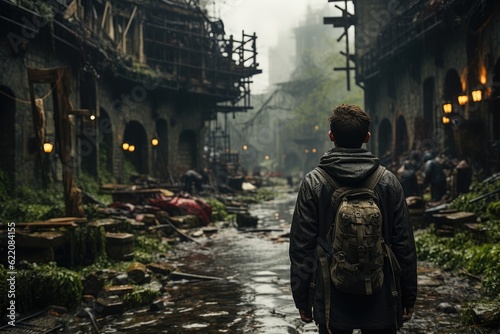 A lone rebel man standing defiantly amidst the ruins of a fallen civilization. Generative AI