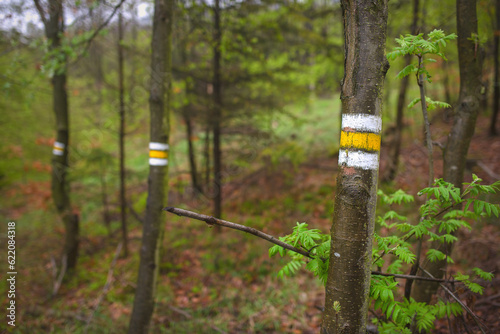 Yellow sign of the Czech Hiking Markers System. Originally used in the Czech Republic, the system spread through Central Europe and Eastern Europe and even to countries outside Europe.