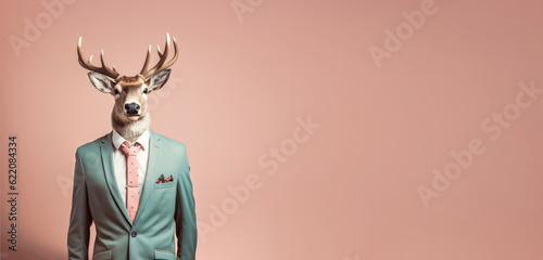 Elk or deer in smart business suit and tie, looking serious businessman. Wide banner with copy space on side. Generative AI © Lubo Ivanko