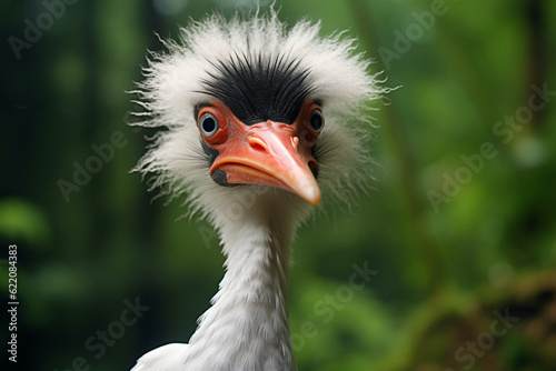 photo of a storks face against a green forest background