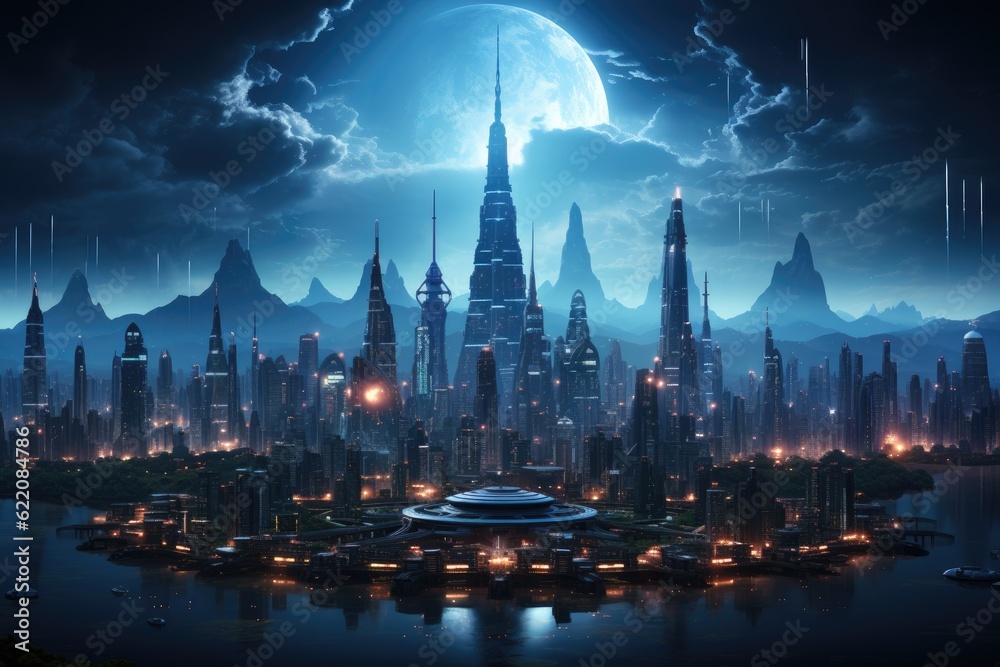 Obraz premium A vast, hyper - modern cityscape teeming with flying cars. Generative AI