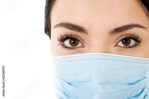 Stock image of woman wearing mouth cover mask isolated on white closeup