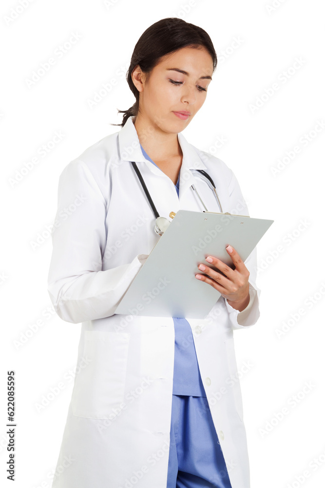 Stock image of female doctor writing on patient chart isolated on white background Stock image of female doctor writing on patient chart isolated on white background