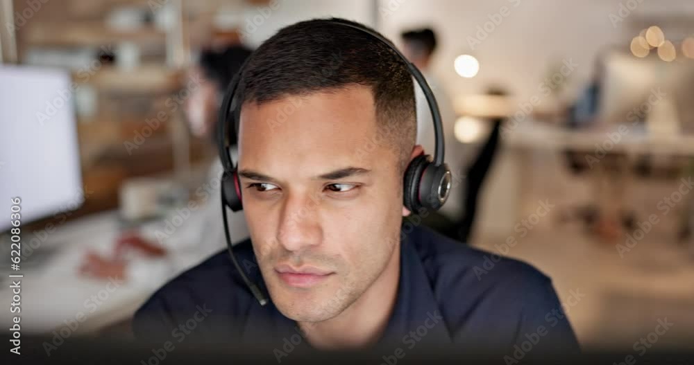 Call center, thinking and business man, agent or consultant for software solution, information technology and night office. Problem solving, IT focus and latino person reading with ideas on computer