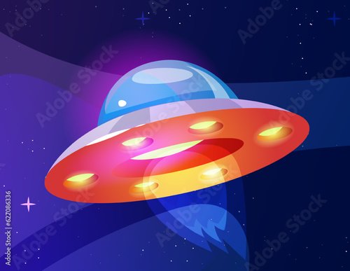 Spaceship with stars icon. Badge with saucer with UFO aliens for ui game design. Space element of universe in isometric realistic 3d style. Cartoon flat vector illustration isolated on blue background