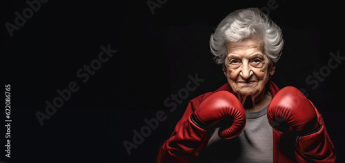 Elderly senior woman wearing red boxing gloves, confident smiling expression ready for fight. Wide banner copy space on side. Generative AI © Lubo Ivanko
