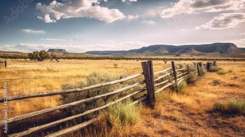 wild west landscape.Wooden fence at the ranch. Generative AI 